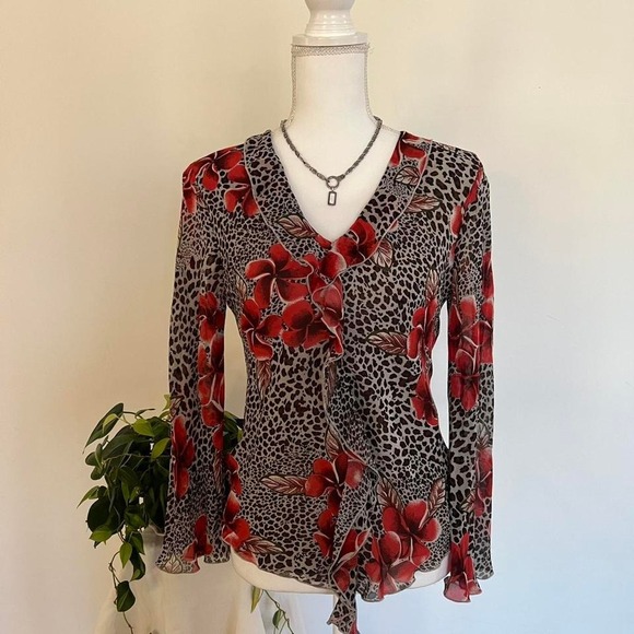 Tops - Y2K 100% Silk Sheer Bell Sleeve Ruffle Leopard Hibiscus Print Top